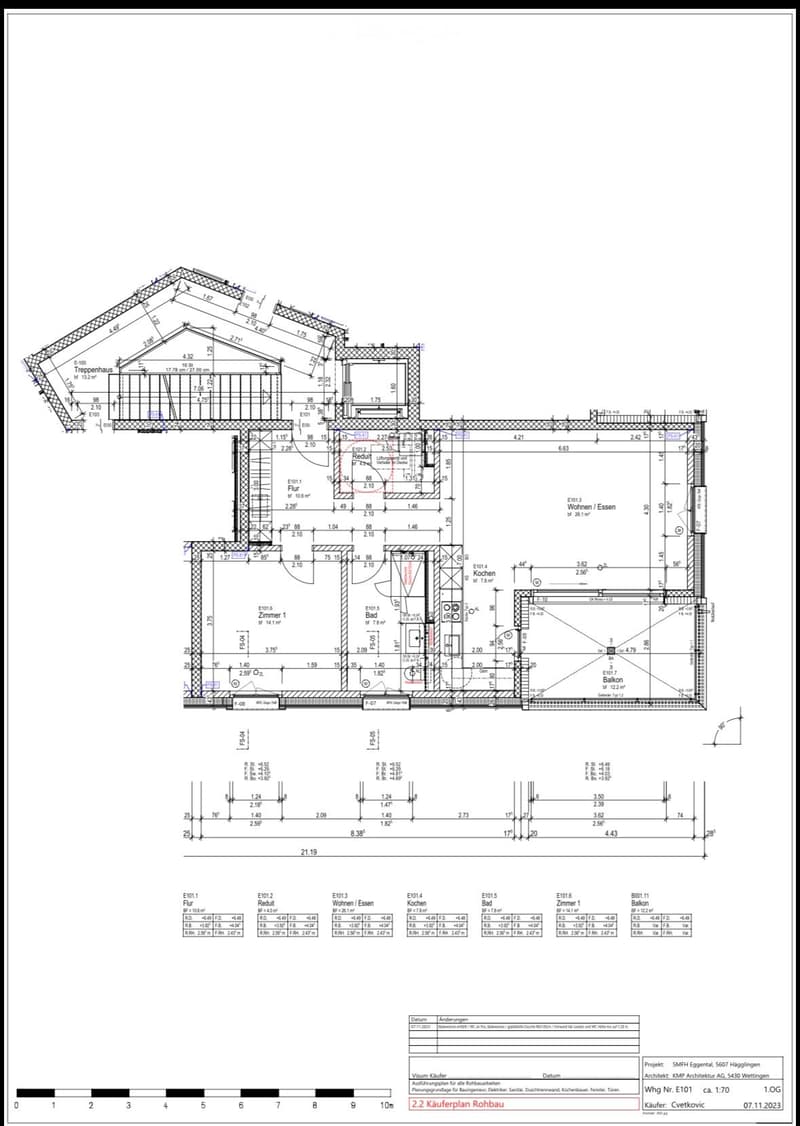Floor plan of a residential building showing multiple rooms including living area, kitchen, bedrooms, and bathrooms with labeled dimensions and room numbers.