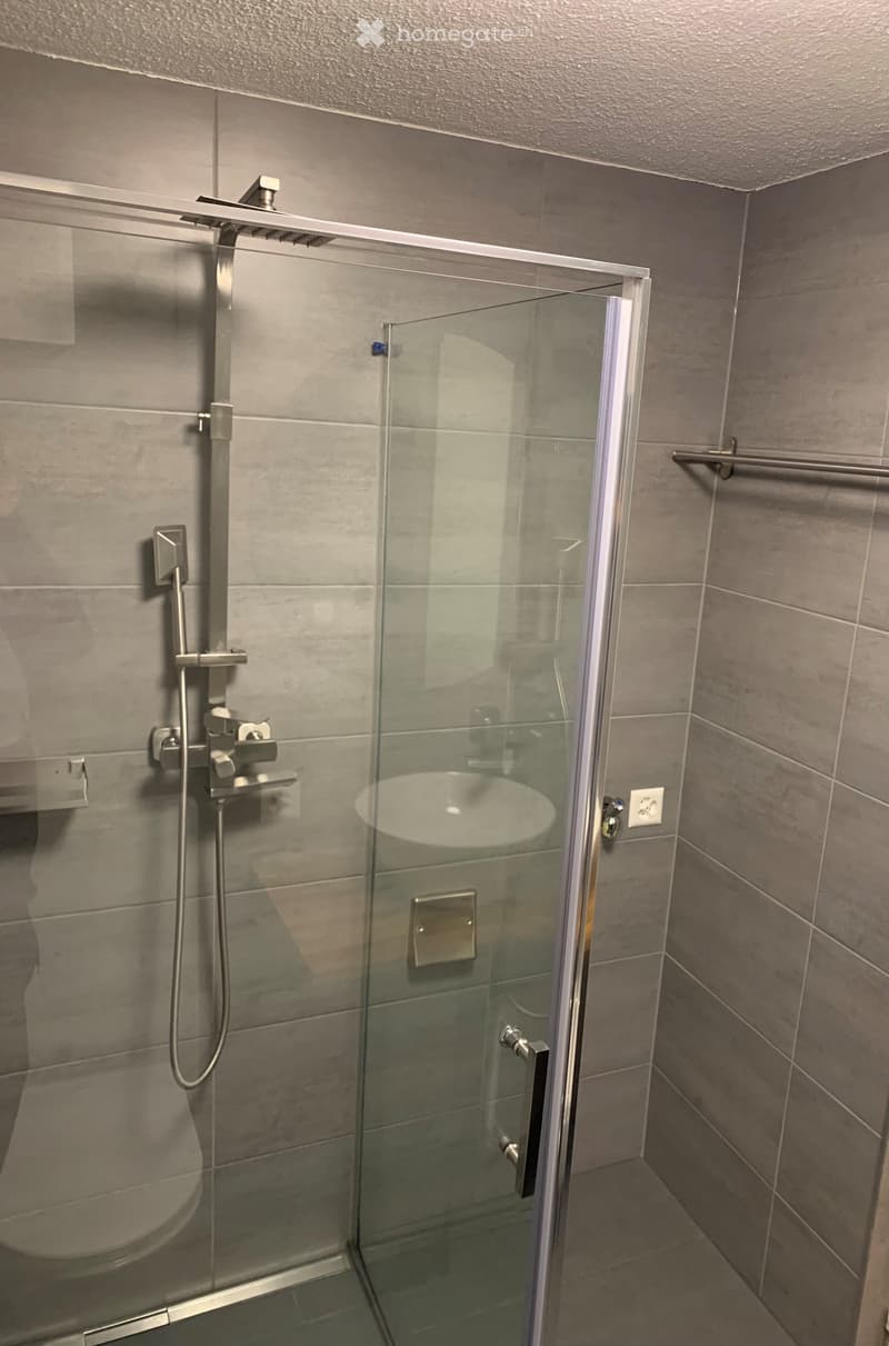 Shower area, glass shower door, chrome fixtures, tiled walls, white sink