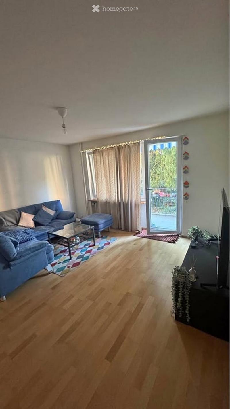 Modern living room with wooden flooring, large windows, and a balcony. Features a blue sofa, coffee table, ottoman, TV stand, and floor lamp.