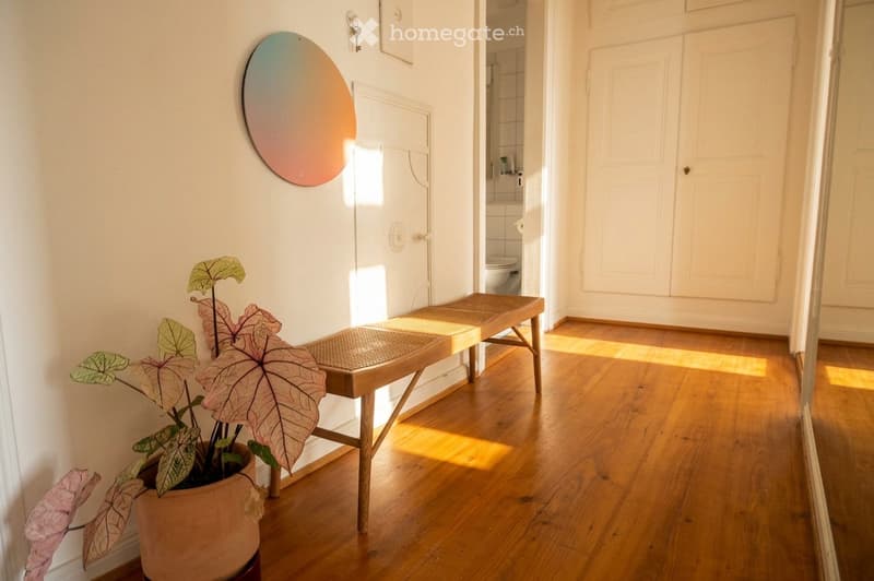 A well-lit hallway with wooden flooring, a small bench, a potted plant, and a colorful wall mirror. The hallway leads to a bathroom with white tiles and a toilet visible in the background.