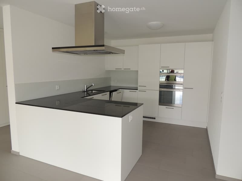 Modern kitchen with white cabinets, black countertop, island, sink, and built-in oven.
