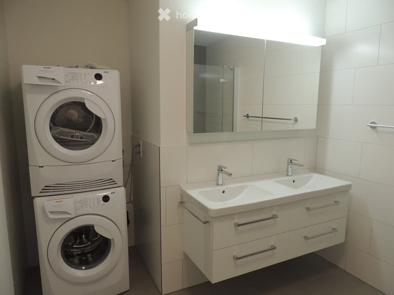 Modern bathroom with a white sink, mirror, and stacked washing machine and dryer unit.