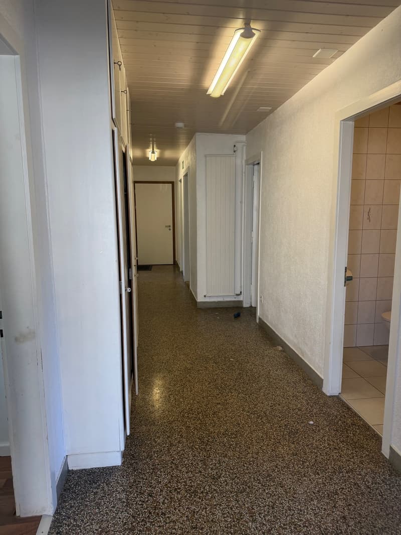 Empty corridor with white walls, brown speckled flooring, and ceiling lights.