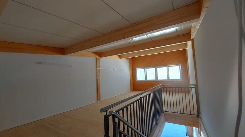 empty room, wooden ceiling, white walls, wooden floor, metal railing, window