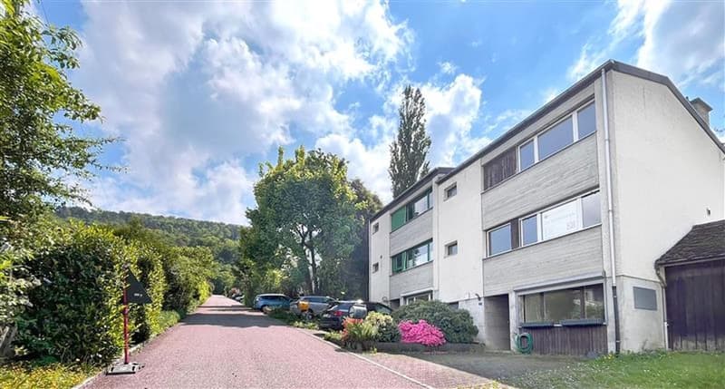 3 story house, white walls, parking spaces, street view