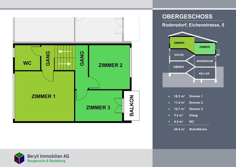 3 bedrooms, living room, kitchen, WC, balcony, hallway