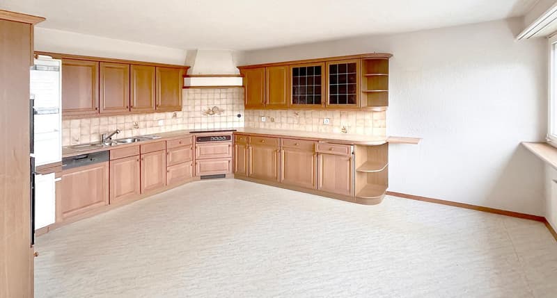 Empty kitchen, wooden cabinets, sink, dishwasher, refrigerator, tiled backsplash