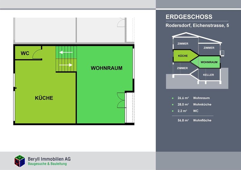 Floor plan for the ground floor with living room, kitchen, bedroom, and bathroom.