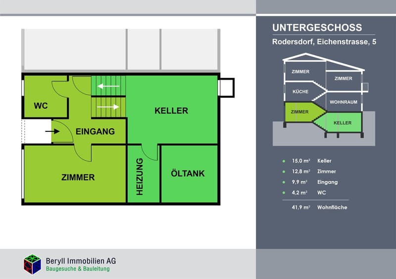 4 rooms including 2 bedrooms, a kitchen, a bathroom, a heating, cellar and WC. Total living area is 41.9 square meters.