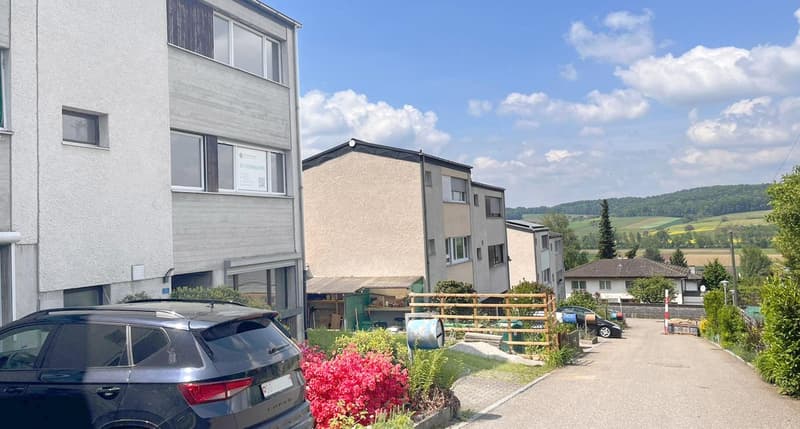 Residential area, 2 story buildings, modern architecture, paved road, fenced garden with red flowers, parking lot, brown roof, street sign, clear blue sky, mountain landscape