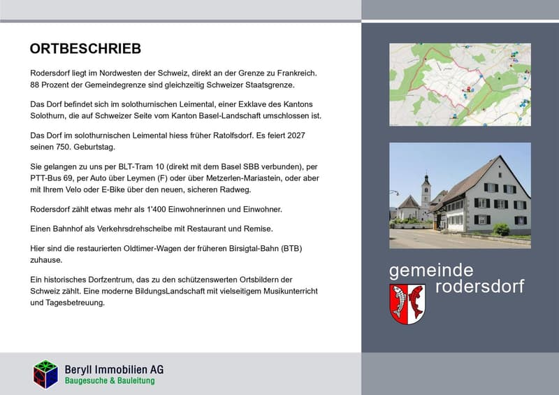 Information about Rodersdorf, a village located in the northwestern part of Switzerland, featuring details about its location, historical context, and amenities such as transportation and a historical town center.