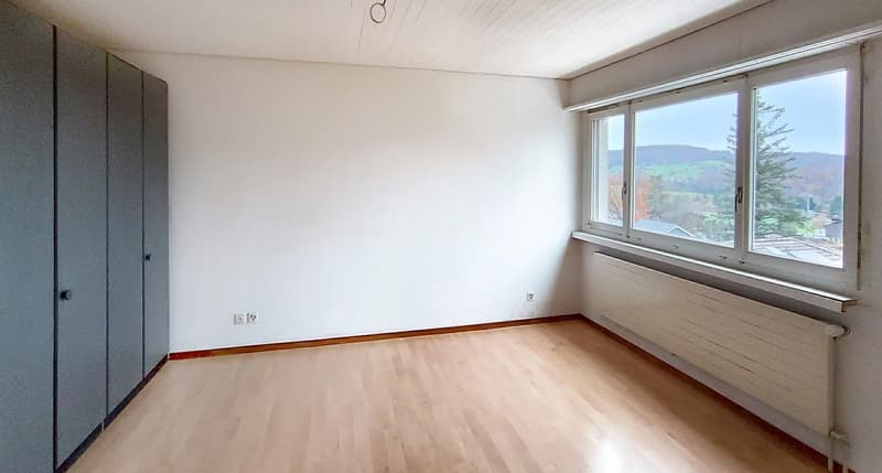 Empty room, hardwood floor, white walls, large window with mountain view, wall heater, wall-mounted electrical outlets, gray wardrobes