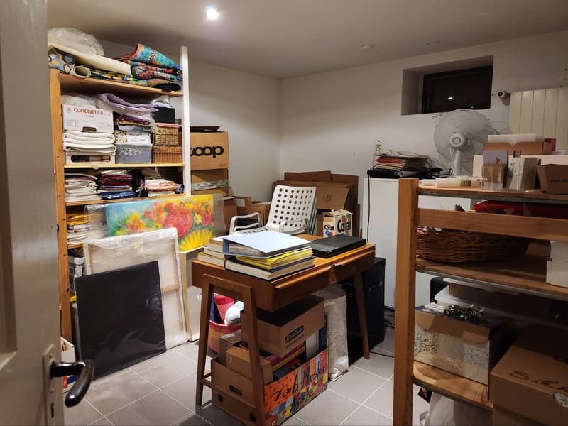 Room with wooden shelves, boxes, books, desk, chair, fan, and storage boxes