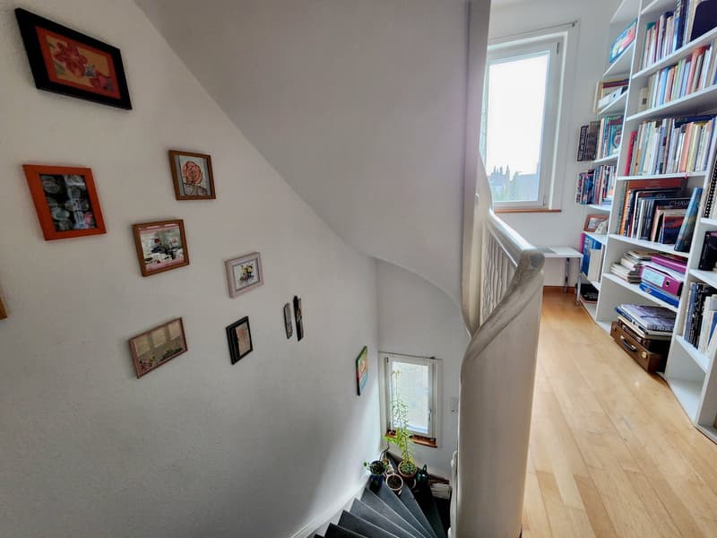 white painted wall, black carpeted steps, wooden floor, several framed pictures on the wall, small plants on the steps, window on the wall
