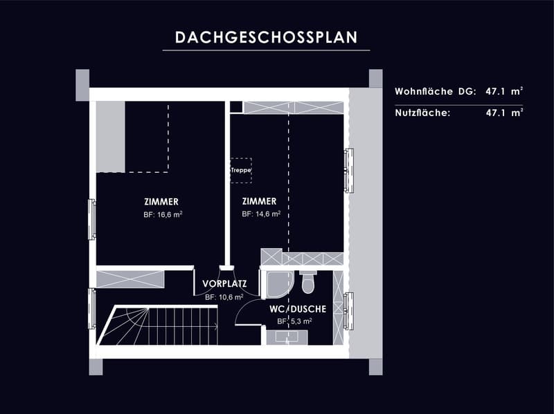 Floor plan of a Dachgeschoss with two bedrooms, a living room, a bathroom, and a hallway.