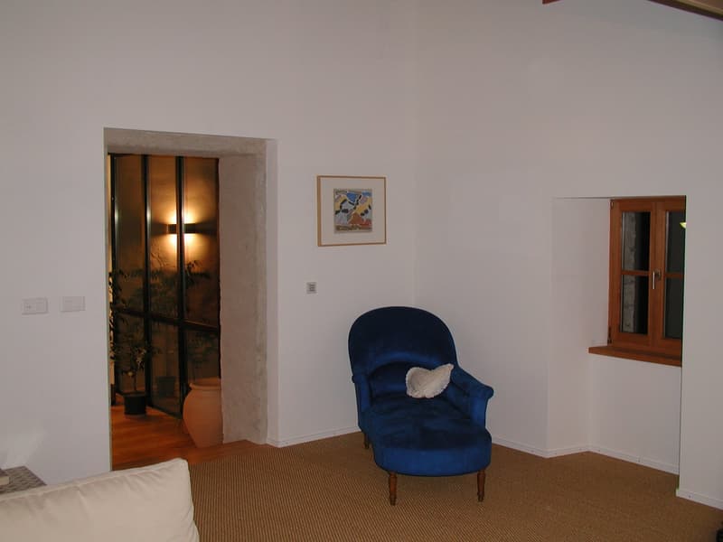 white walls, blue chair, white pillow, picture frame, window, door, potted plants, carpet