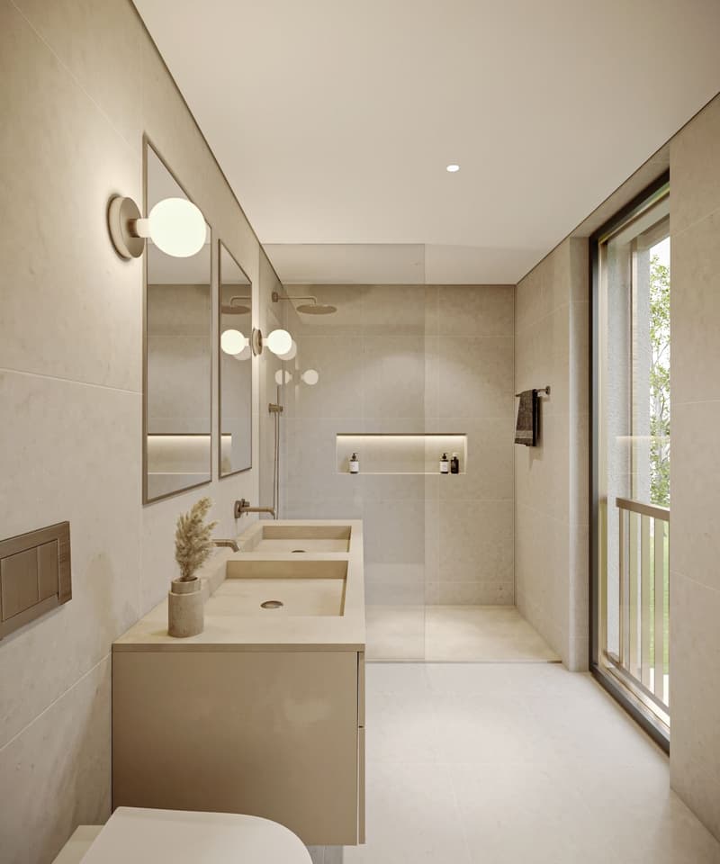 modern bathroom with double sink, shower, toilet, large mirror, wall-mounted lights, glass door, window with balcony