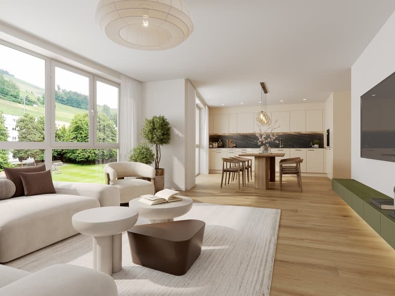 spacious living area, wooden floors, large windows, white walls, modern furniture, cozy seating area, wooden dining table and chairs, white rug, dining area with wooden table and chairs, modern kitchen with granite countertops, undermount sink, large isla