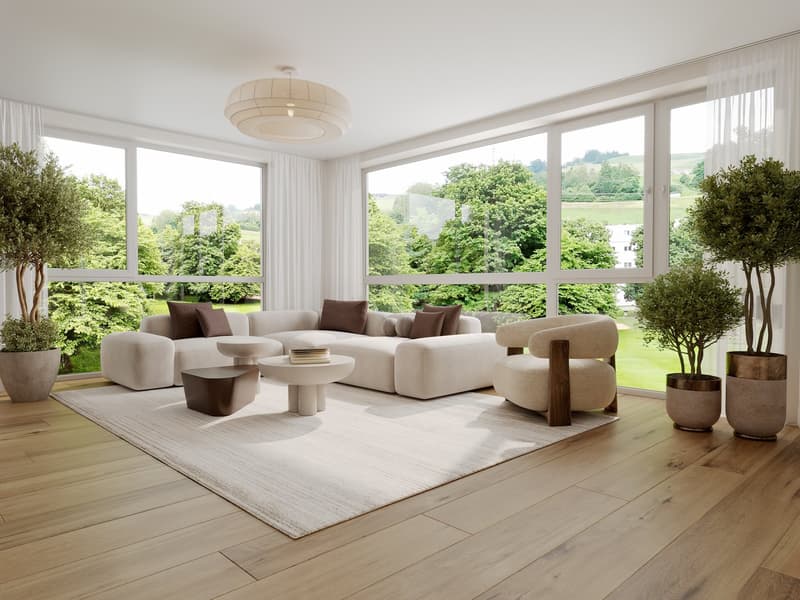Large white sofa, wooden center table, wooden armchair, carpet, wooden floor, large windows, large trees and grass field outside