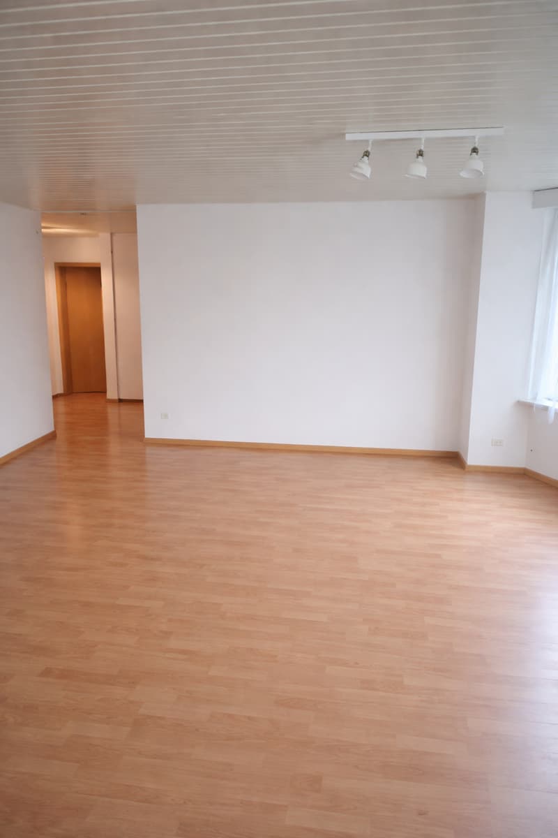 empty room, wooden floor, white walls, ceiling lights, power outlets, door