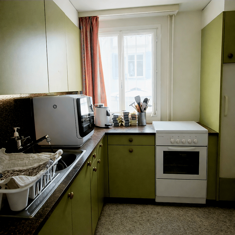 green cabinets, white appliances, sink, dishwasher, microwave, toaster, oven, countertop, window, curtain