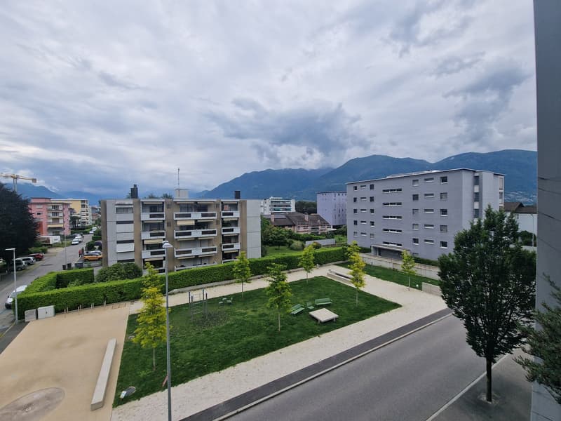 Aerial view of a garden with green grass, trees, and a playground. There are also benches and a small table in the garden. The garden is surrounded by a hedge and a road. In the distance, there are buildings, mountains, and a cloudy sky.