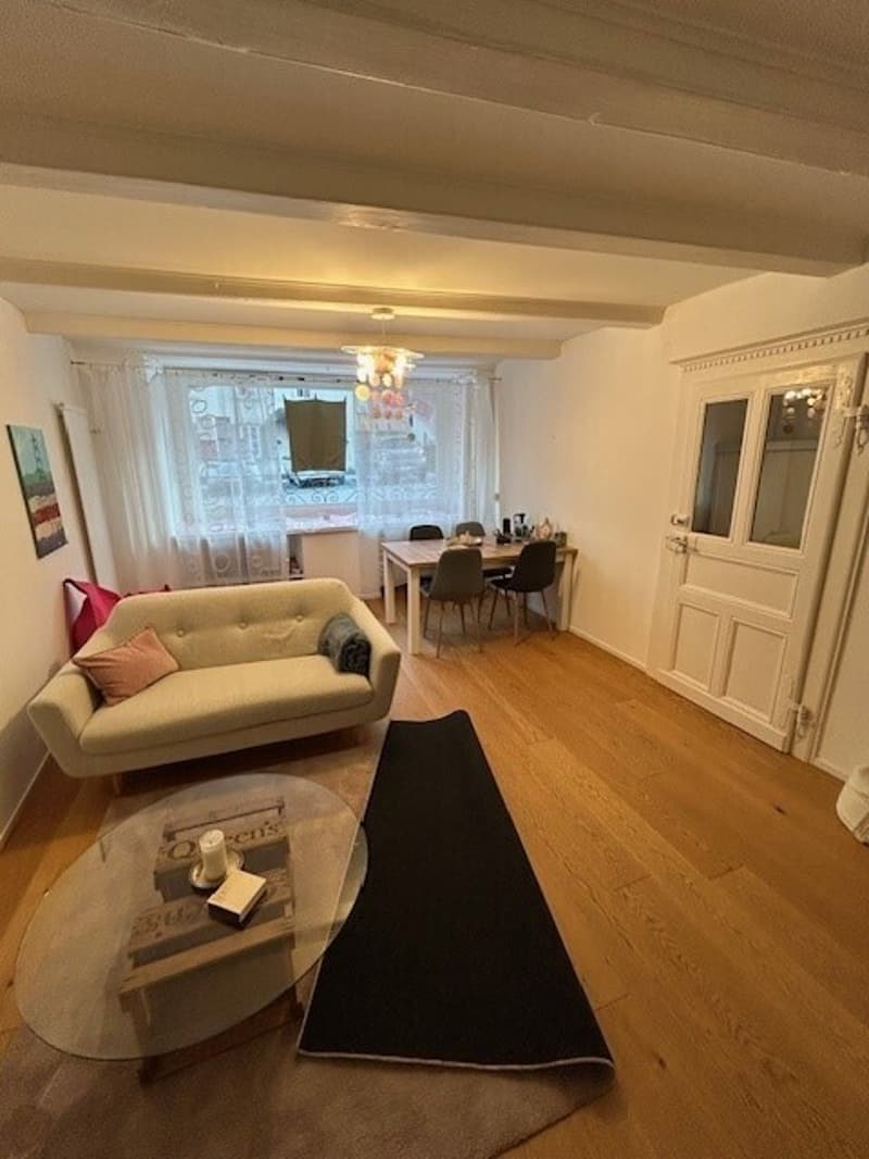 surface au rez / a living room with hardwood floors, a large window, and a couch