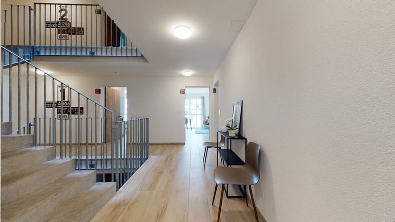 modern staircase, wooden floor, white walls, open space, hallway furniture, glass doors