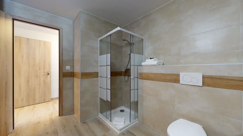 modern bathroom with a glass shower, tiled walls, wooden door, a toilet, and a towel rack