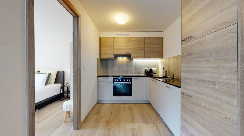 Open plan kitchen with wooden cabinets, modern appliances, hardwood floors, and a ceiling light.