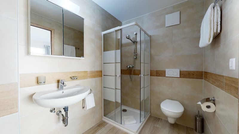 beige tiled walls, wooden floor, shower cubicle, white sink, mirror with wooden frame, toilet, towel rack with towels, towel dispenser