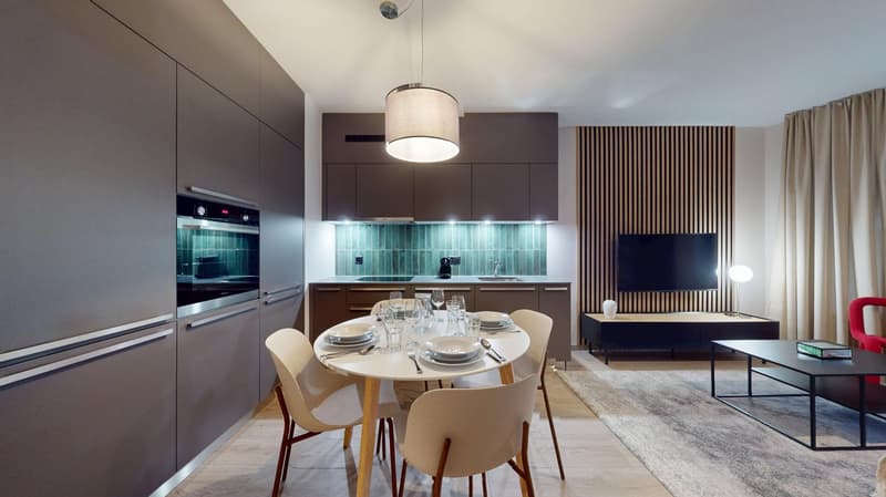 Modern kitchen with dark gray cabinets, stainless steel appliances including a dishwasher, and a green tile backsplash. Dining area with a round table and cream-colored chairs. Living room with a TV stand and a rug. Overall, a stylish and well-designed op