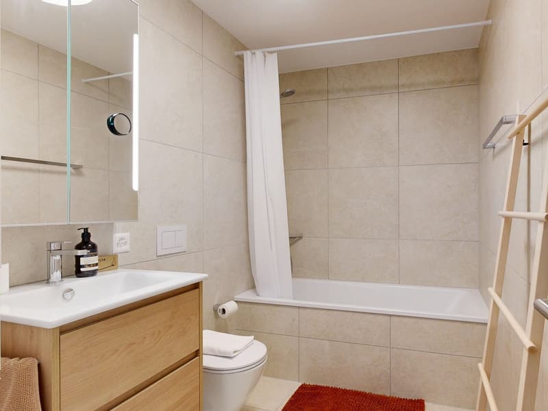 Bathroom with bathtub, shower, toilet, sink, wooden cabinet, mirror, wall-mounted power outlet, towel ladder, tile floor, and rug.