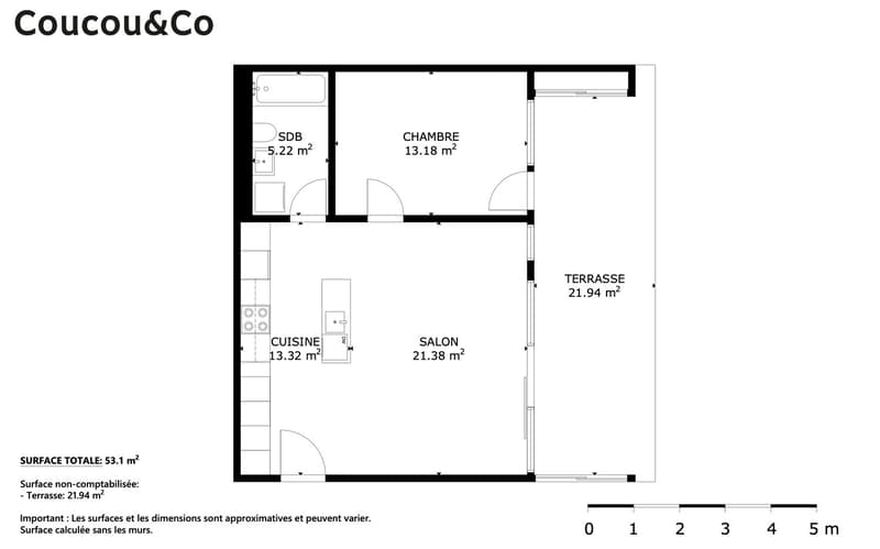 Living room, Kitchen, 1 bedroom, 1 bathroom, balcony, terrace