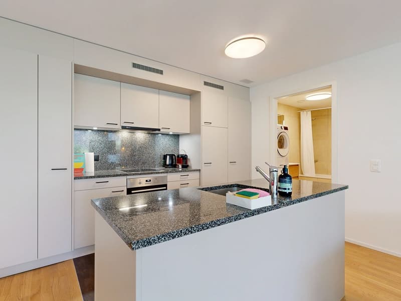Open plan, granite countertop, island with sink, kitchen island with stove, stainless steel appliances, white cabinetry, ceiling lamp, wooden floor, pantry