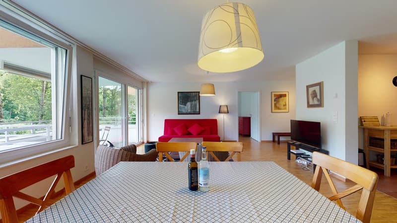 dining table with chairs, sofa, TV, lamps, pictures on wall, windows