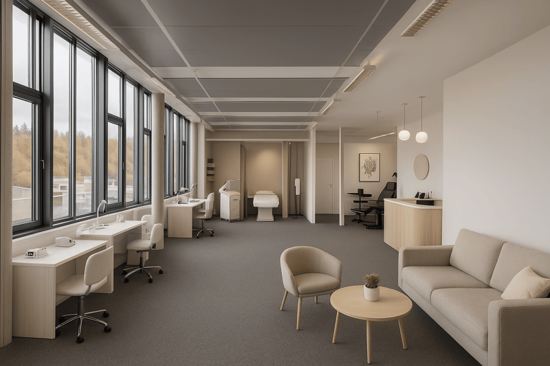Minimalistic design, with large windows, neutral color palette, sleek furniture, and ample natural light