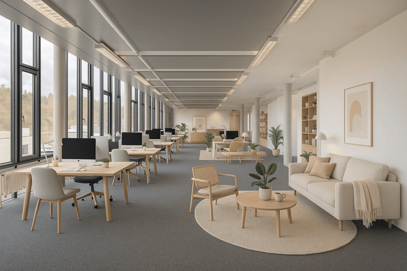 modern office, large windows, desk with monitor, plants, couch, carpet, carpet tiles