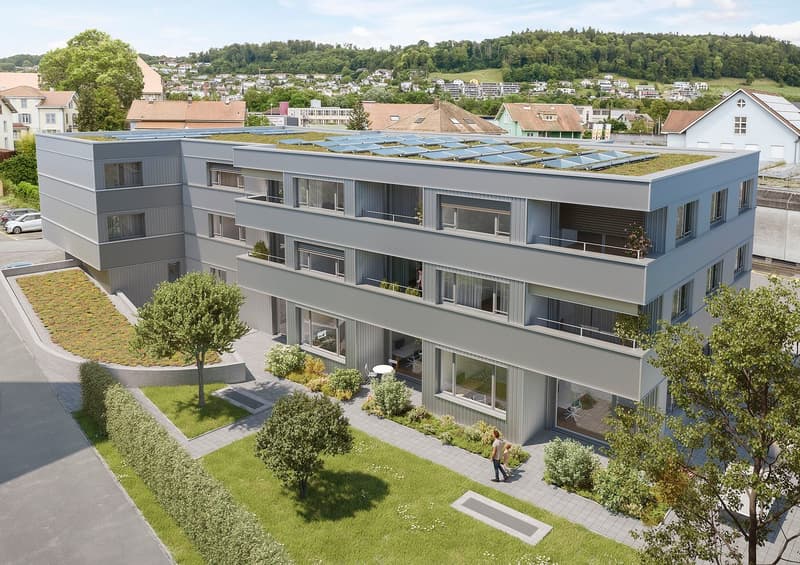 3 story building, solar panels on the roof, green roof, windows, balcony, plants and trees