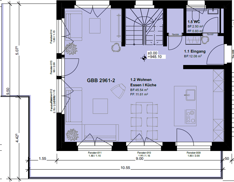 The floor plan shows a 1.2 Wohnen (living room), Essen (dining room), and Küche (kitchen) layout. It also includes a 1.1 Eingang (entrance), 1.5 WC (bathroom), and a balcony or terrace.