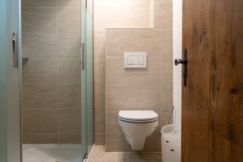 modern tile design, glass shower, white toilet, wooden door, trash bin