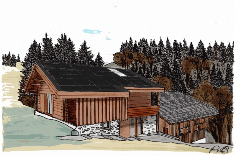 wooden house, solar panels on roof, raised ground floor, stone walls