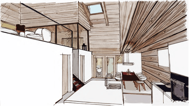 Entrance, living room, dining area, kitchen, loft with balcony, bathroom