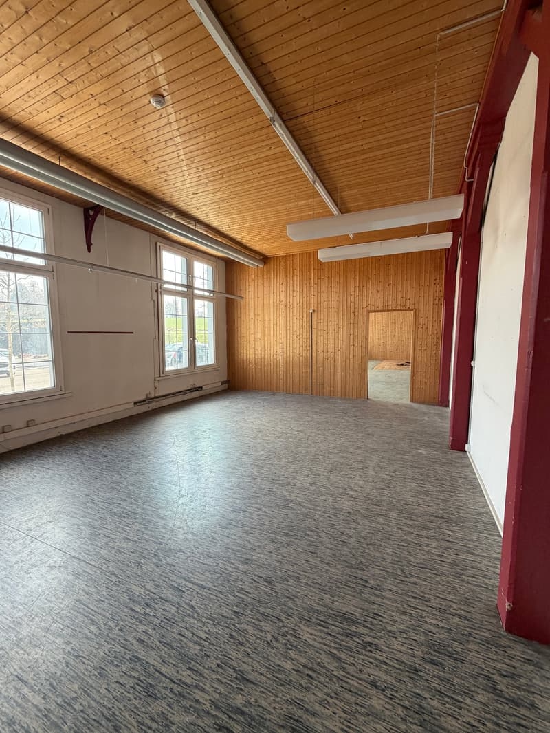 Empty room with wooden walls, large windows, and a wooden ceiling. The floor is made of gray material.