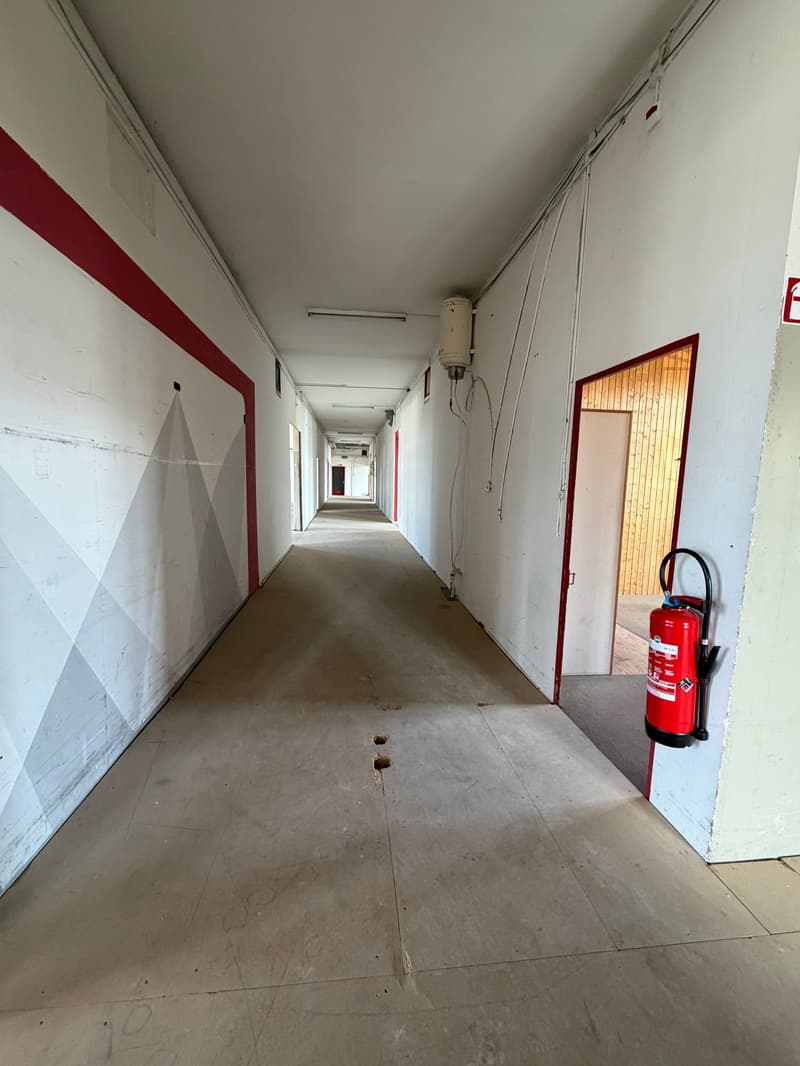 Empty corridor with white walls, red trim, concrete floor, fire extinguisher, doors on both sides