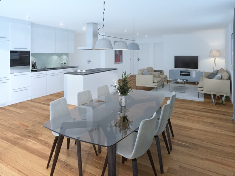 The image shows an open concept living space with a modern kitchen, dining area, and living room. The kitchen features white cabinets, a glass backsplash, and a dishwasher. The dining area has a large glass-top table with grey upholstered chairs. The livi