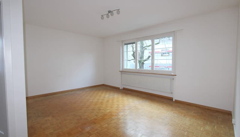 empty room, wooden floor, white walls, large window, radiator