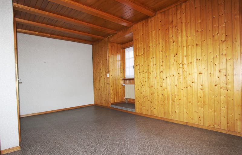empty room, wooden walls, carpeted floor, white wall, window, radiator