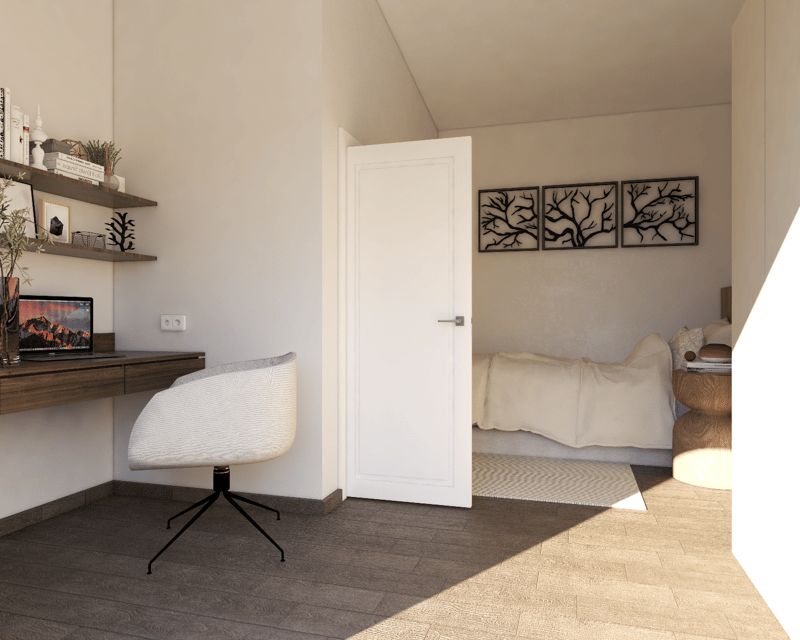 Bedroom with a wooden desk, a white swivel chair, and wall decor featuring black tree branch silhouettes. The room has a cozy, minimalist style with neutral tones and natural elements.