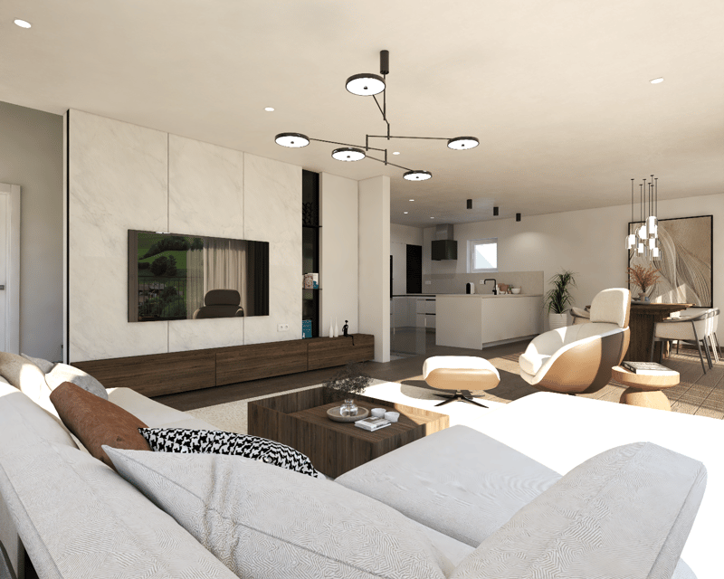 Spacious open-concept living room with modern furniture, including a large sectional sofa, armchairs, and a wooden TV stand. The room features a fireplace, recessed lighting, and a view of the kitchen area.